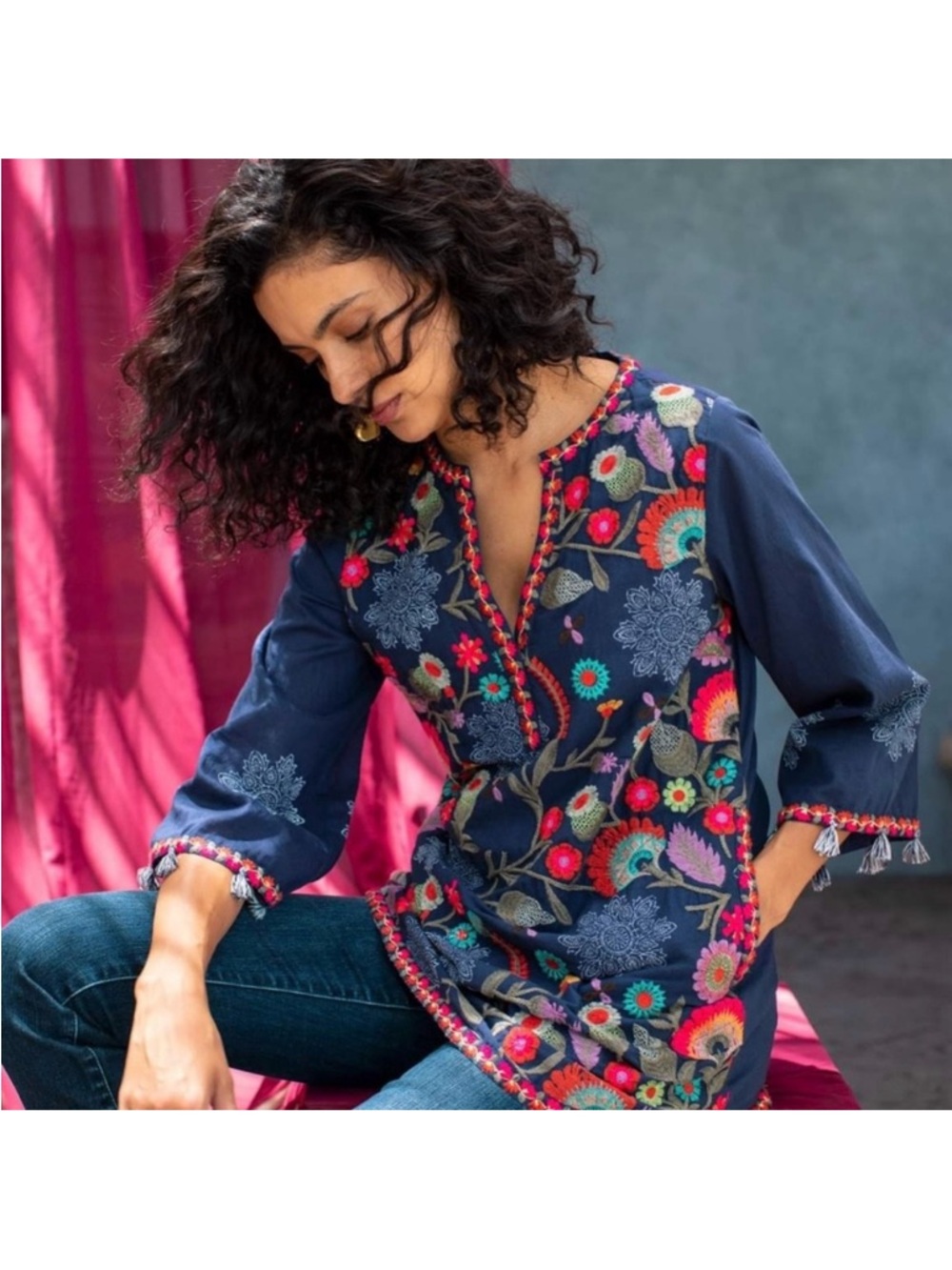 Soft Surroundings Paraiso Mandala Floral Embroidered Tunic Blouse Navy Women’s